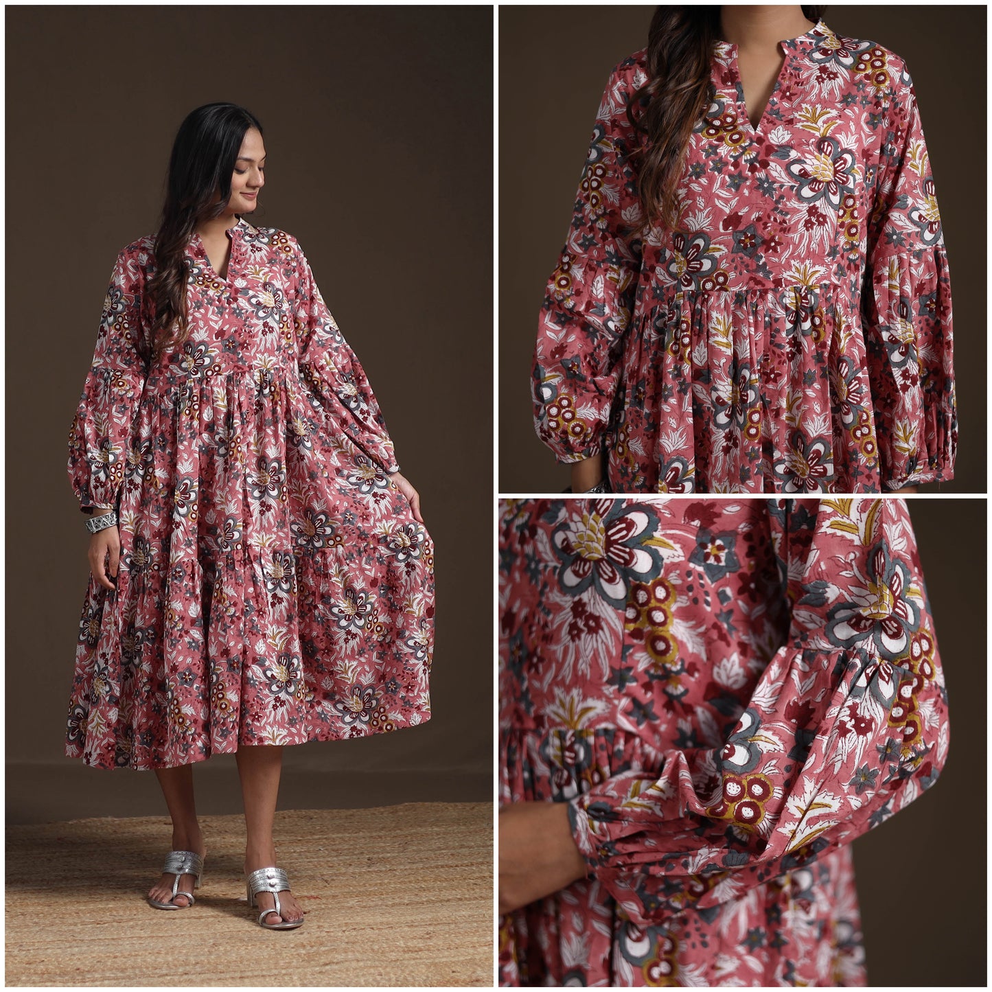 Sanganeri Floral Hand Block Print Cotton Tiered Long Dress for Women 01