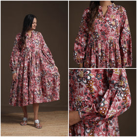 Sanganeri Floral Hand Block Print Cotton Tiered Long Dress for Women 01