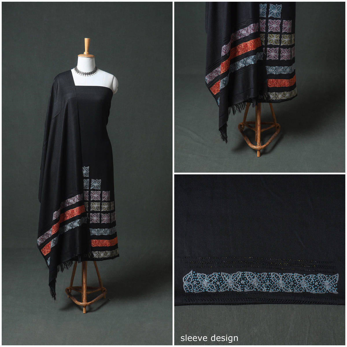 Kashmiri Aari & Sozni Hand Embroidered Cutwork Pure Merino Wool Unstitched Dress Material: Kurta, Bottom with Dupatta 08