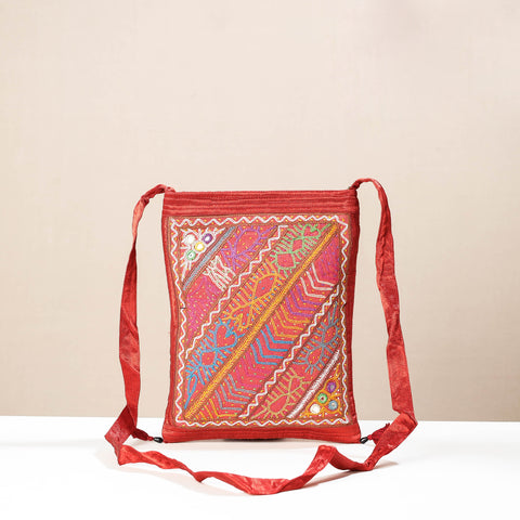 Red - kutch rabari hand embroidery mashru silk sling bag