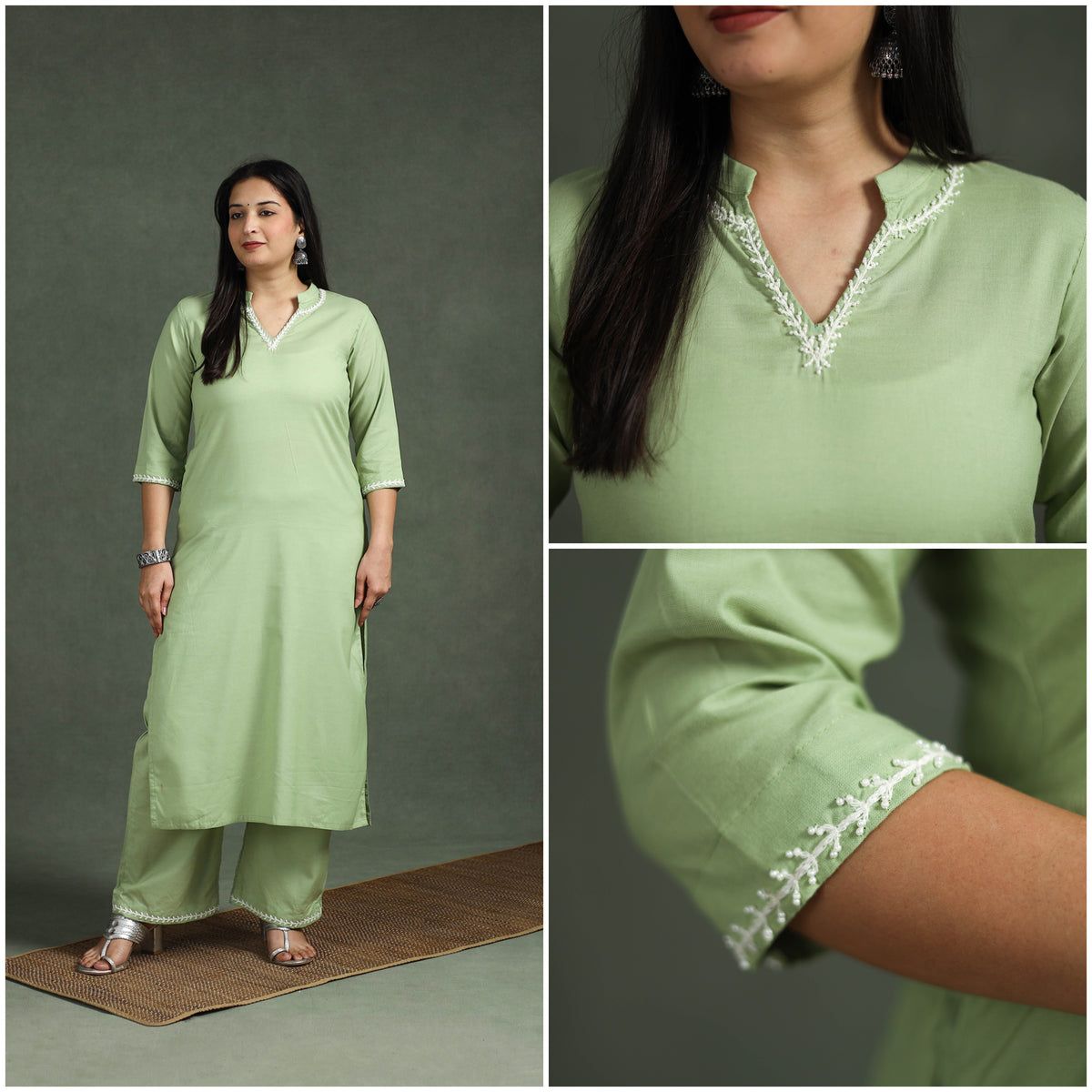 Green - Plain Banana Fiber Soft Cotton Bead Work Straight Kurta with Palazzo Set for women 02