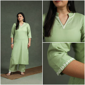 Green - Plain Banana Fiber Soft Cotton Bead Work Straight Kurta with Palazzo Set for women 02