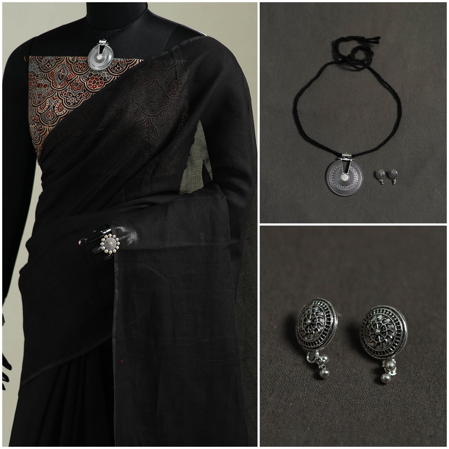 Black - Nazaakat Kota Doria Cotton Plain Saree with Blouse & Jewellery Set 37