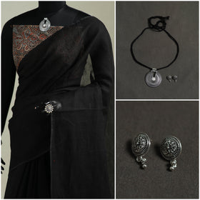 Black - Nazaakat Kota Doria Cotton Plain Saree with Blouse & Jewellery Set 37
