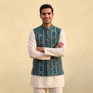 Green - Sambalpuri Ikat Weave Cotton Men Nehru Jacket 09