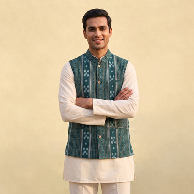 Sambalpuri Ikat Weave Cotton Men Nehru Jacket 09