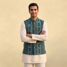 Sambalpuri Ikat Weave Cotton Men Nehru Jacket 09