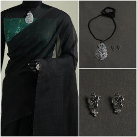 Black - Nazaakat Kota Doria Cotton Plain Saree with Blouse & Jewellery Set 09