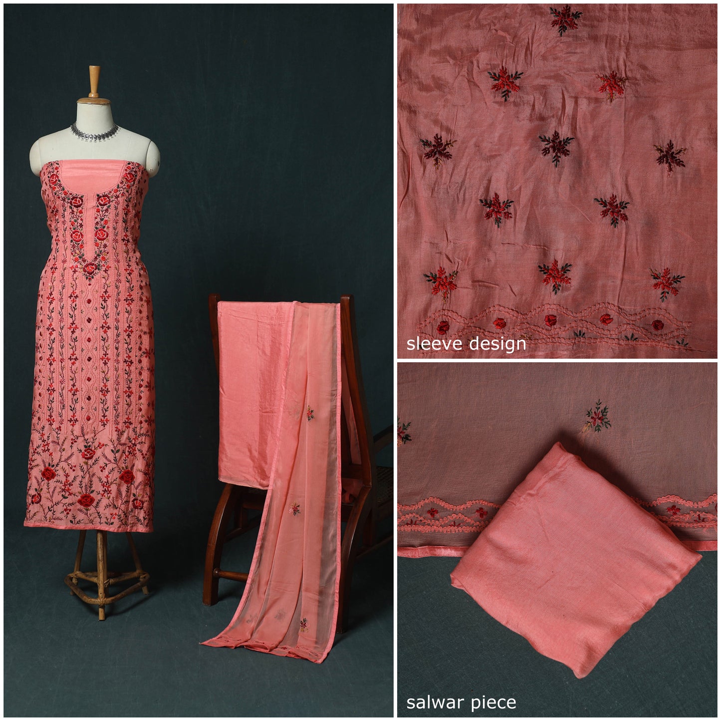 Pink - Hand Embroidered Muslin 3pc Unstitched Dress Material 05