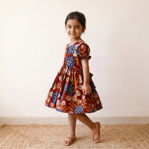 Red - Pure Cotton Girls Frock Dress in Kalamkari Prints (3-4 Years) 46