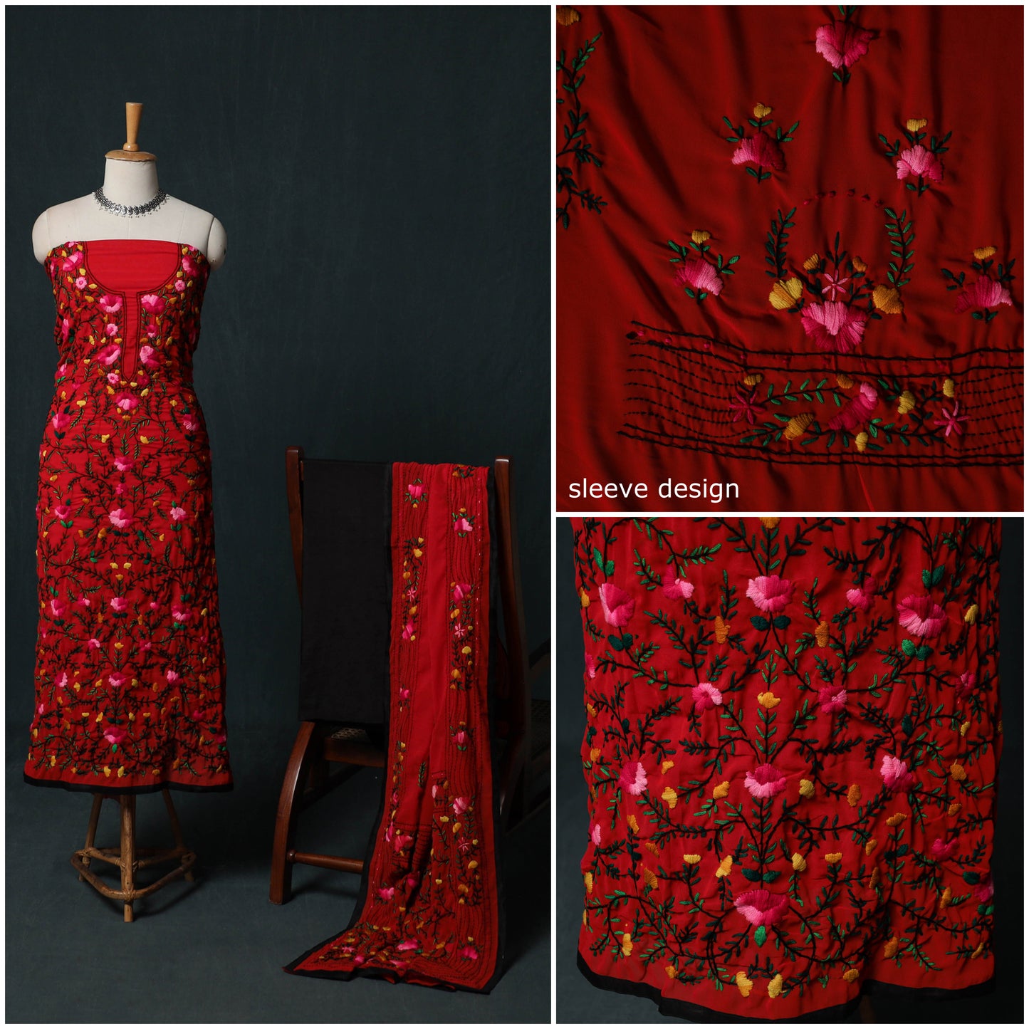 Hand Embroidered Georgette 3pc Unstitched Dress Material Suit Set 09