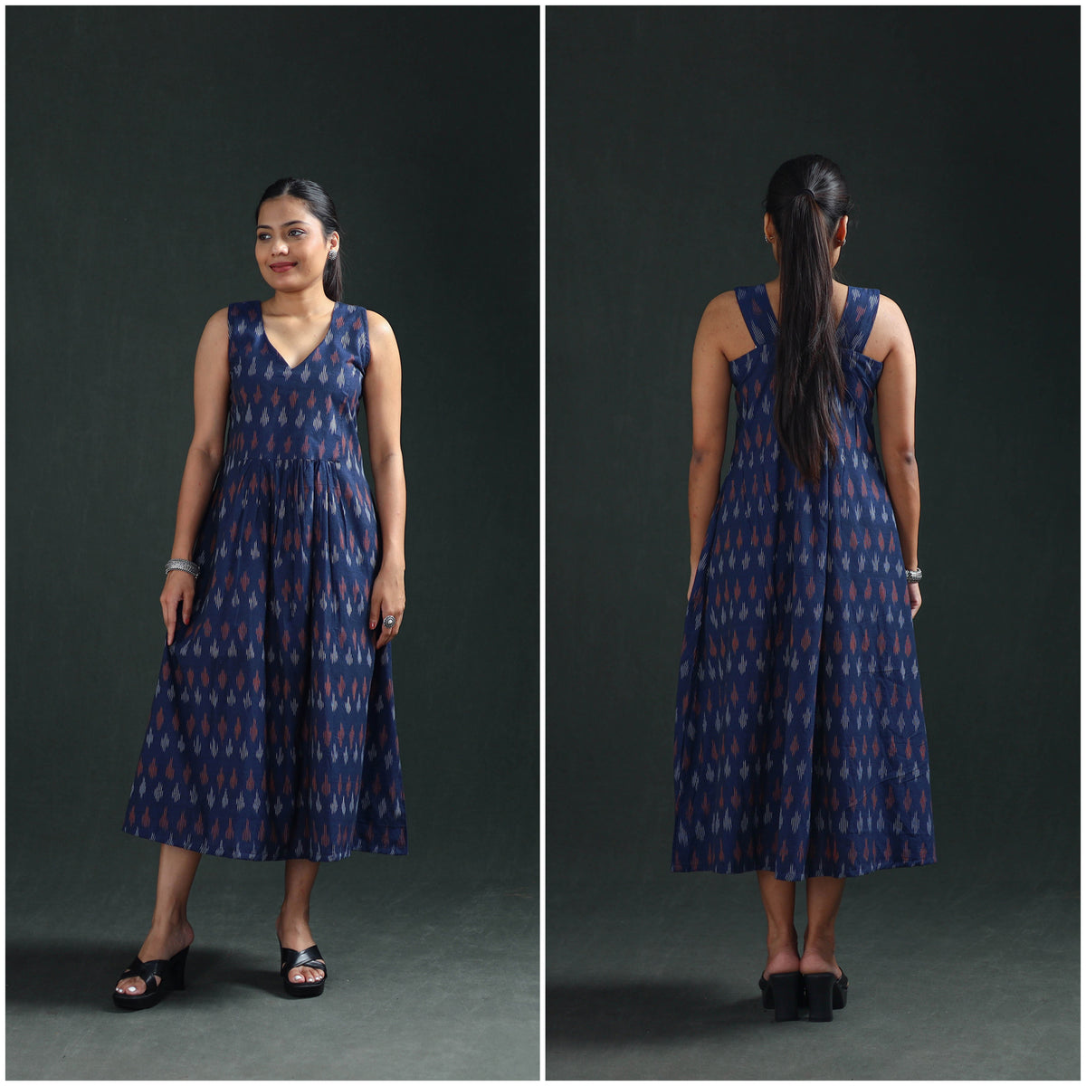 Pochampally Ikat Cotton Sleeveless Flared Long Dress for Women 17