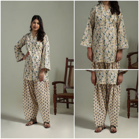 Sanganeri Hand Block Print Cotton Lace Work Short Kurta with Farshi Salwar Set for women 04