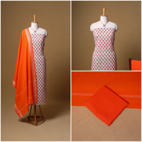 Floral Sanganeri Block Print Cotton Unstitched Dress Material: Kurta, Bottom & Dupatta with Jewellery 08