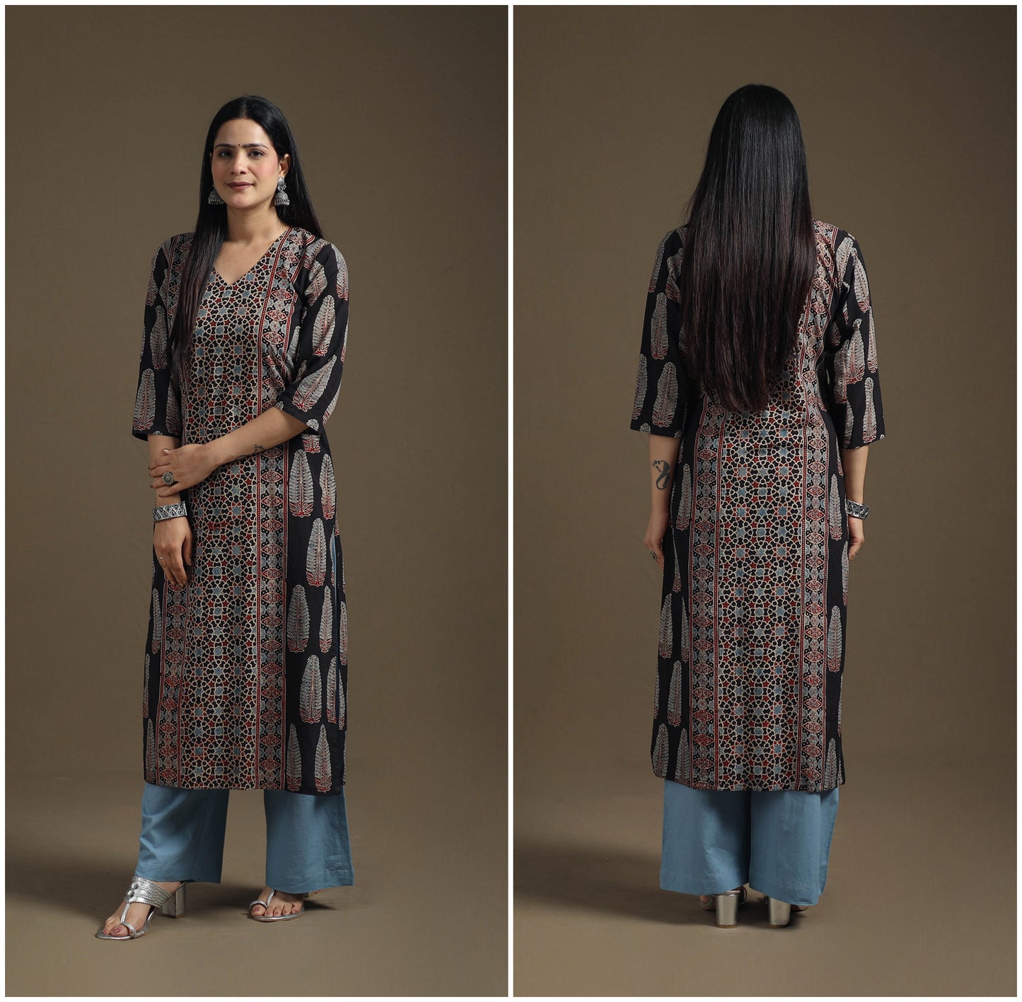 Hand Block Print Cotton Straight Long Ajrakh Kurta for Women 12