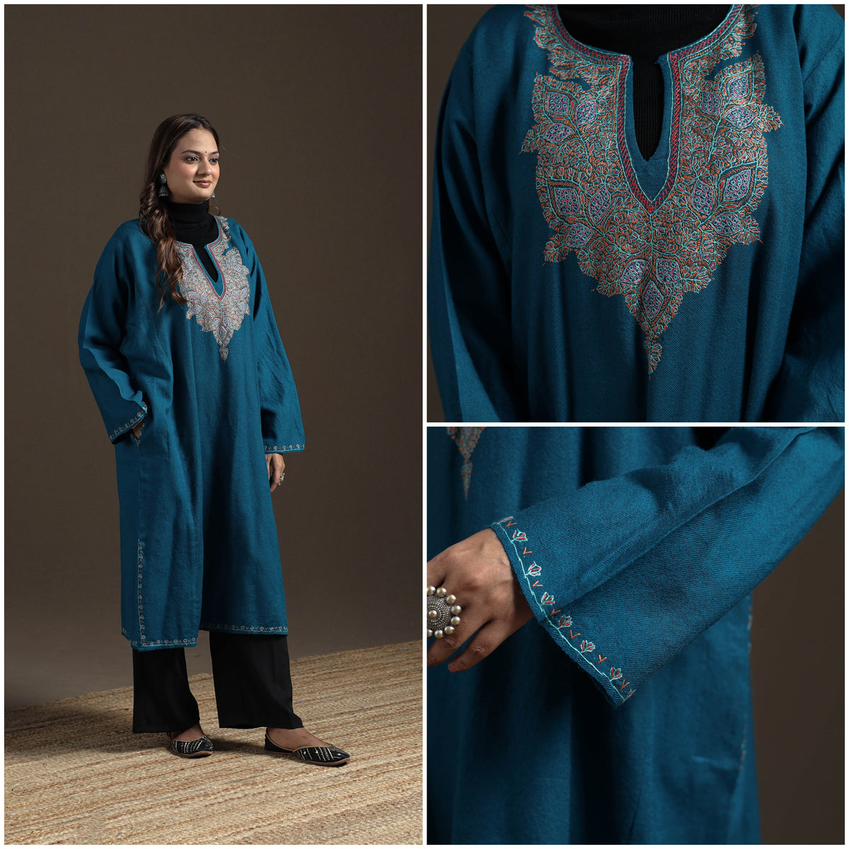 Kashmiri Sozni Hand Embroidered Handwoven Merino Wool Pheran 07