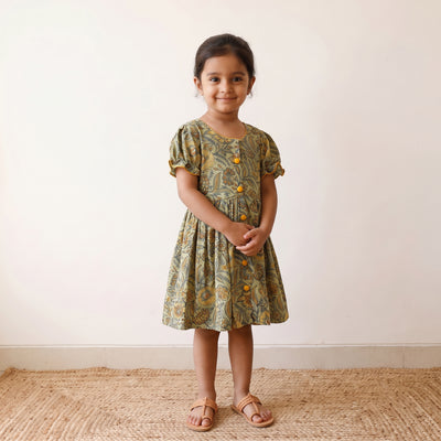 Green - pure cotton girls frock dress in sanganeri floral