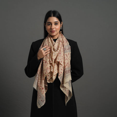 Beige Block Print Pedana Kalamkari Wool Stole