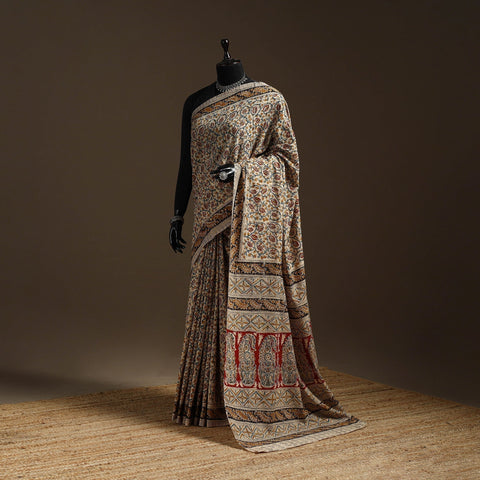 Beige - natural dyed pedana cotton kalamkari saree 32