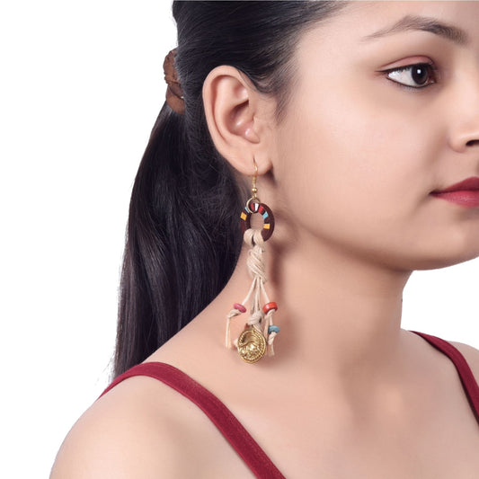 Rustic Loops: Handcrafted Wooden Earrings with Intricate Brass Figures