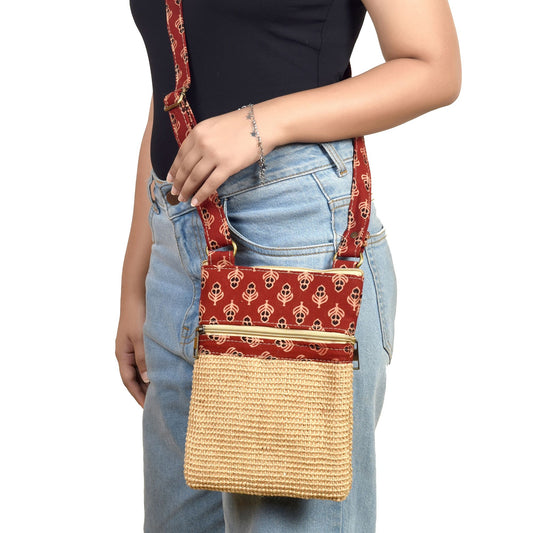 Beige - Kalamkari Tan Sling Bag in Structered Jute Fabric