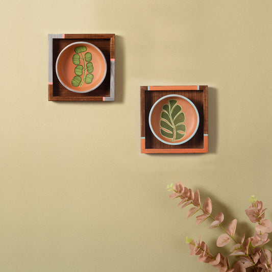 Nature's Leaf Terracotta Wall Paintings (Set Of 2) (6.5x6.5x1.6)