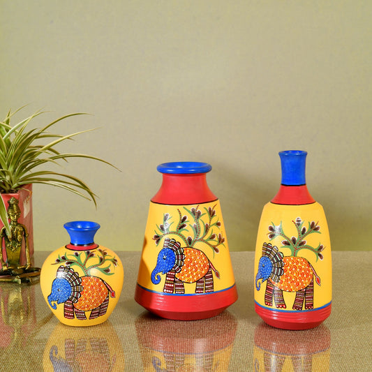 Joyful Elephants Terracotta Vase (Set of 3)