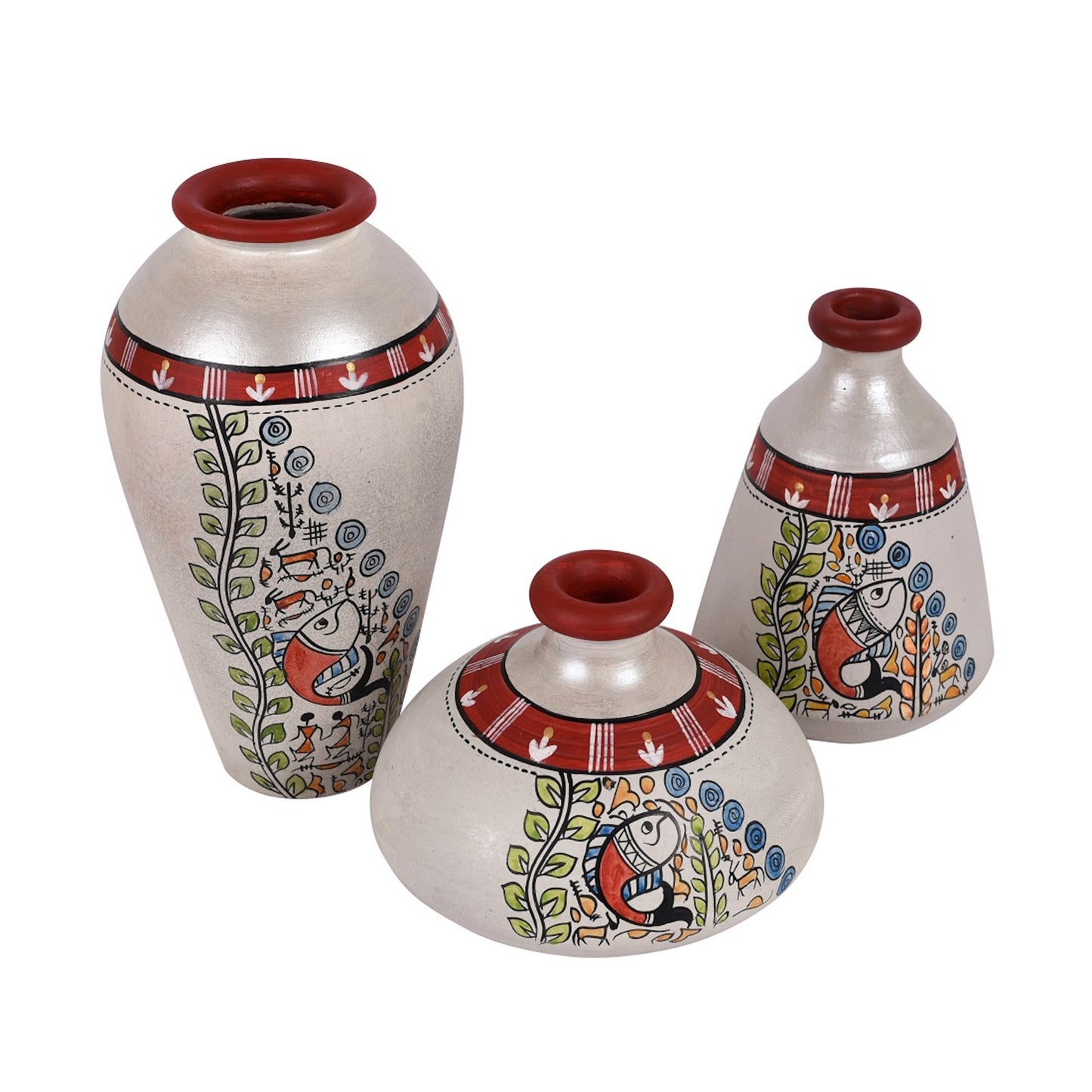 Vase Earthen Miniatures White Madhubani (Set of 3) 4.4/3/6