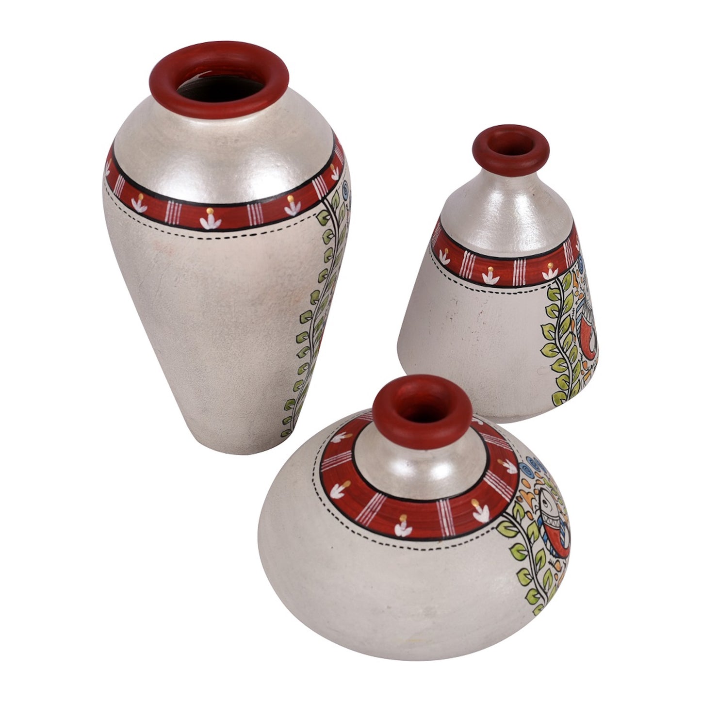 Vase Earthen Miniatures White Madhubani (Set of 3) 4.4/3/6