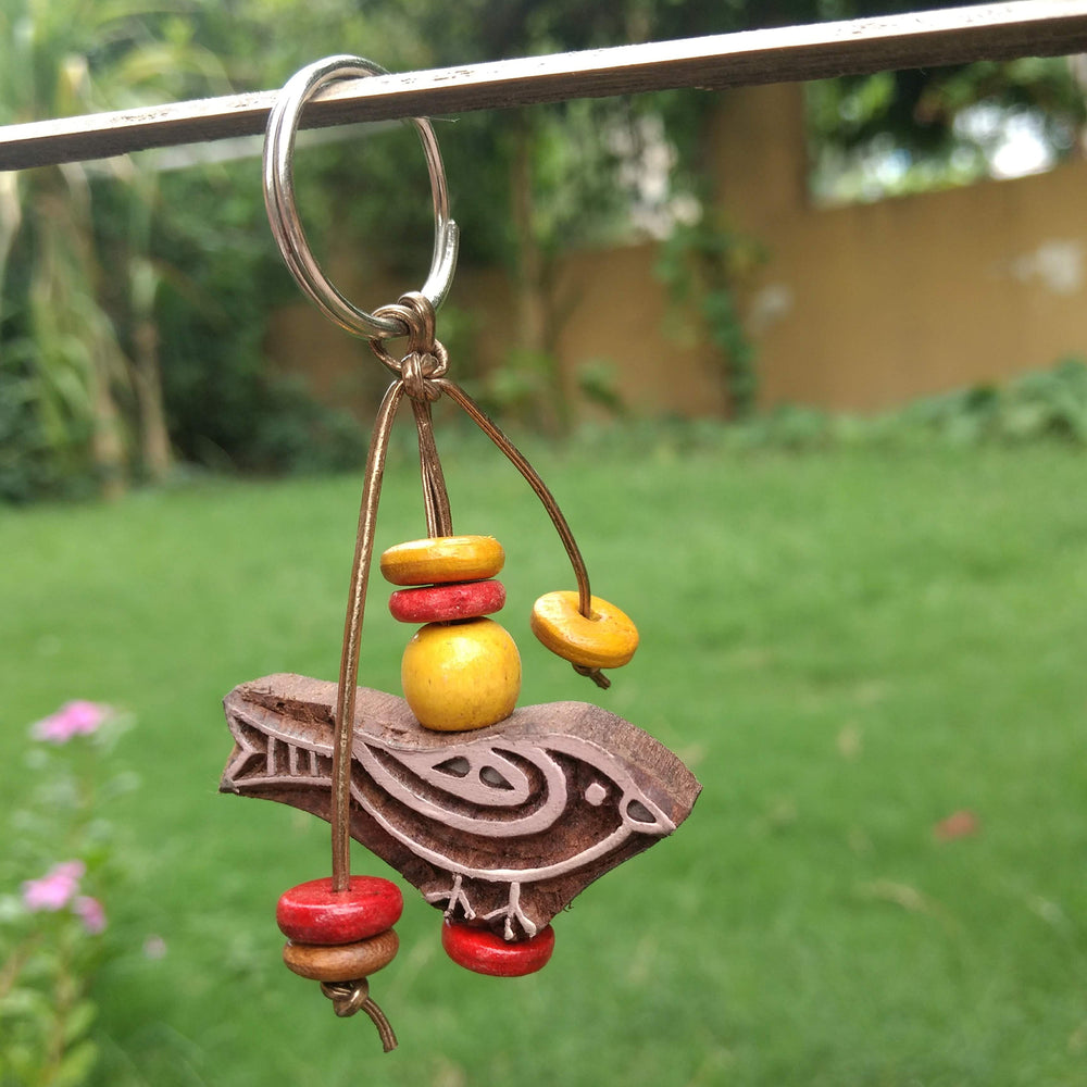 Hand Carved Wooden Keyring Sparrow