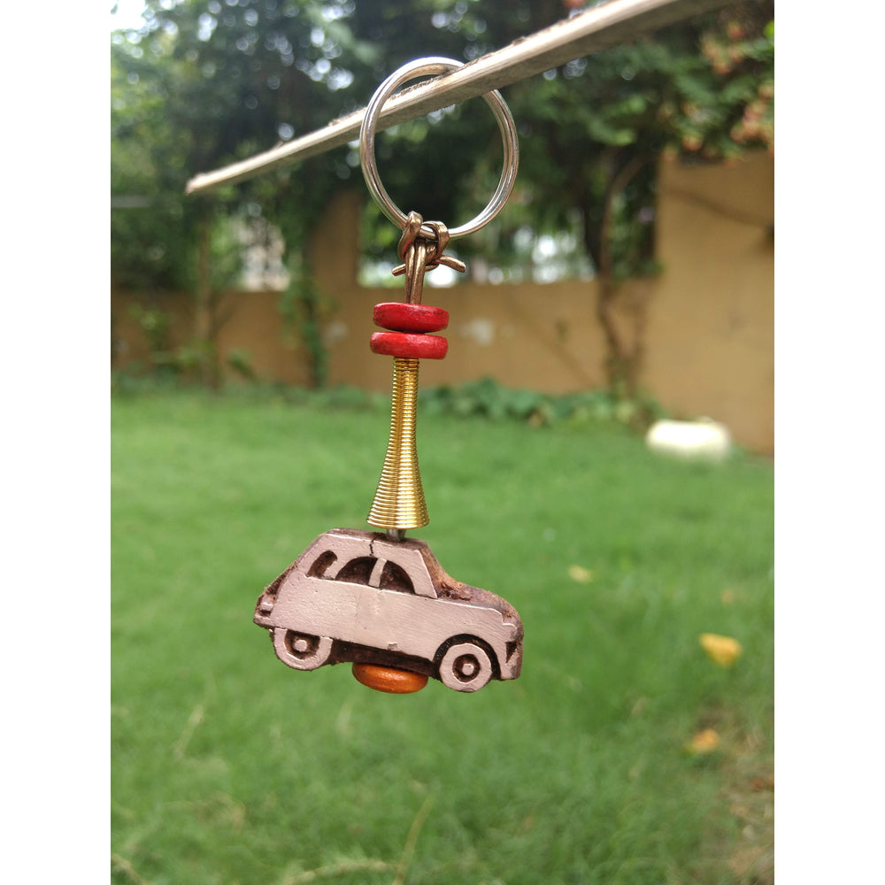 Hand Carved Wooden Keyring Car