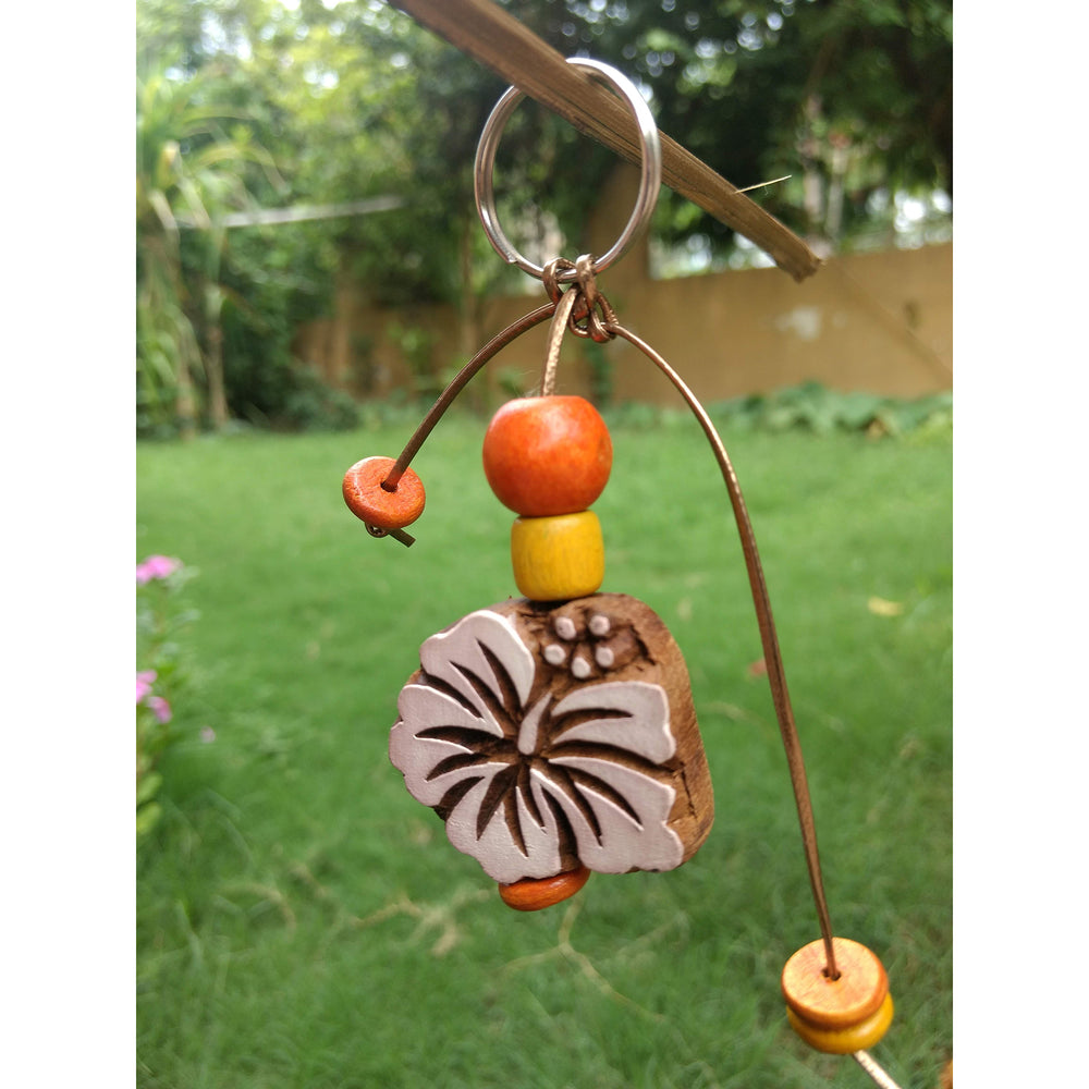 Hand Carved Wooden Keyring Hibiscus