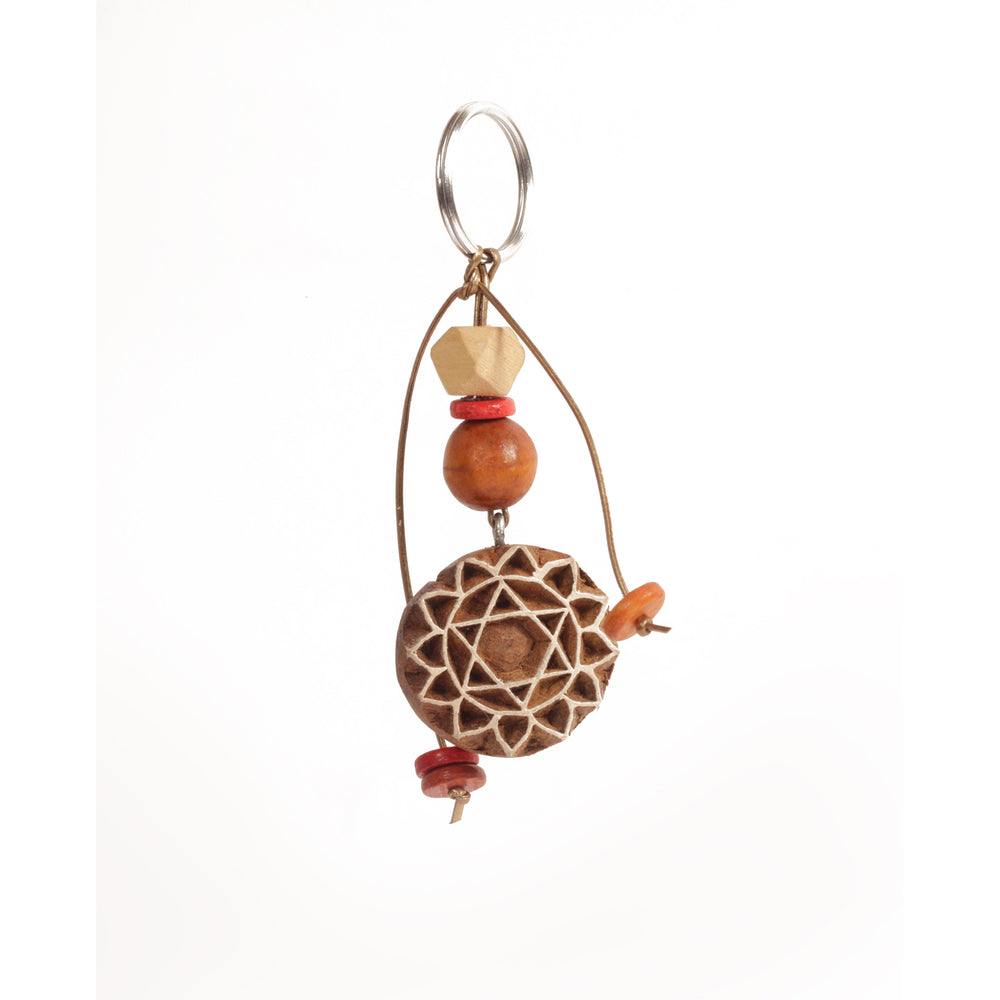 Hand Carved Wooden Keyring Mandala Rust