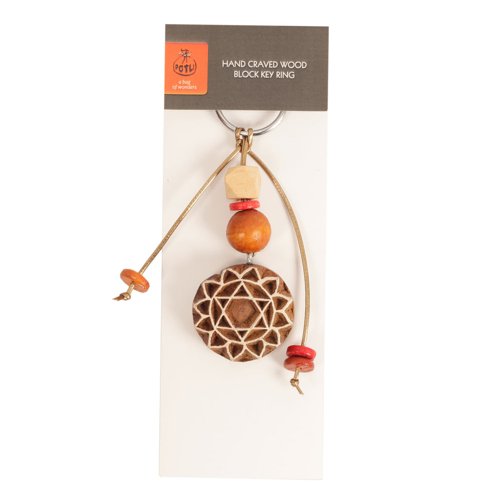 Hand Carved Wooden Keyring Mandala Rust