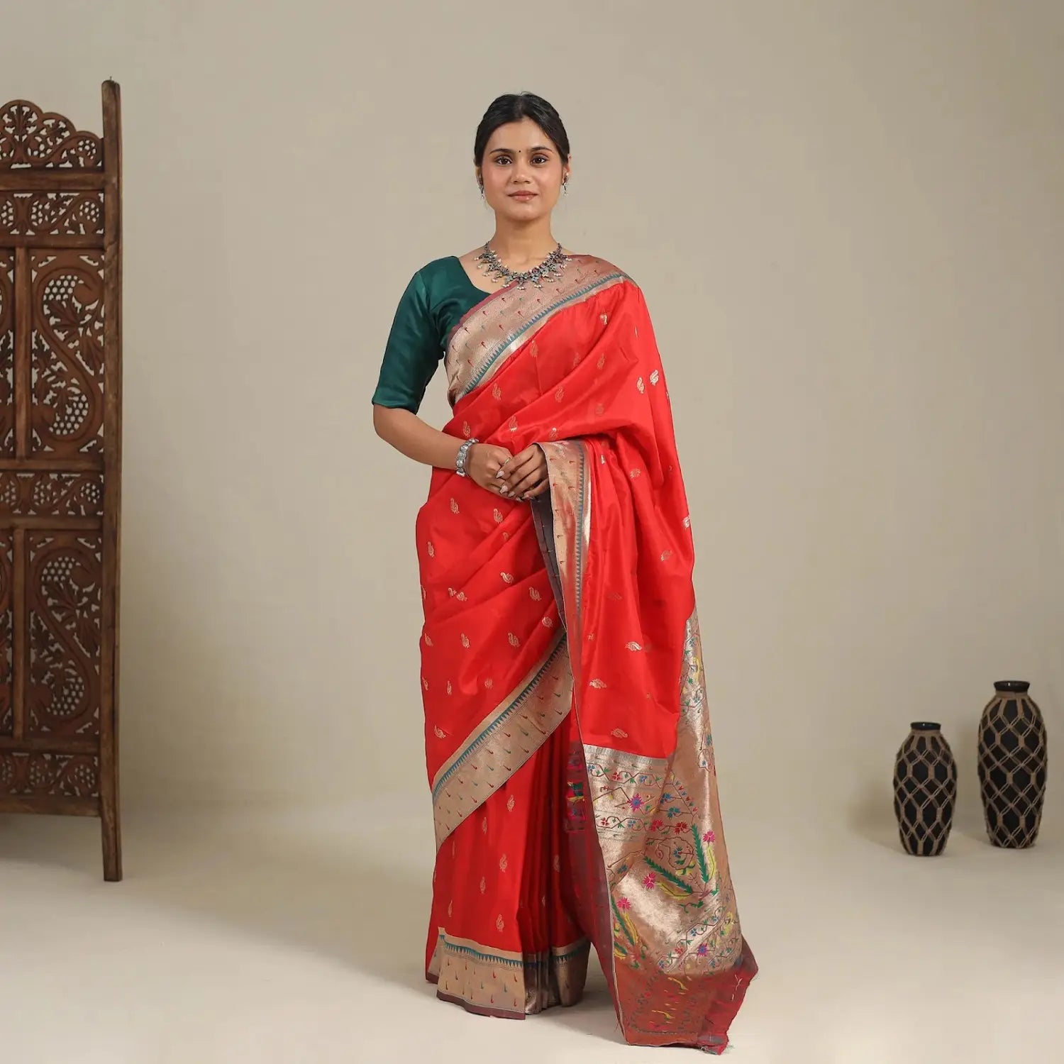 RED SAREE WITH GREEN BLOUSE