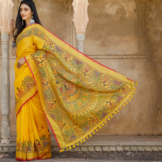 Yellow - Madhubani Hand-Painted Pure Linen Saree