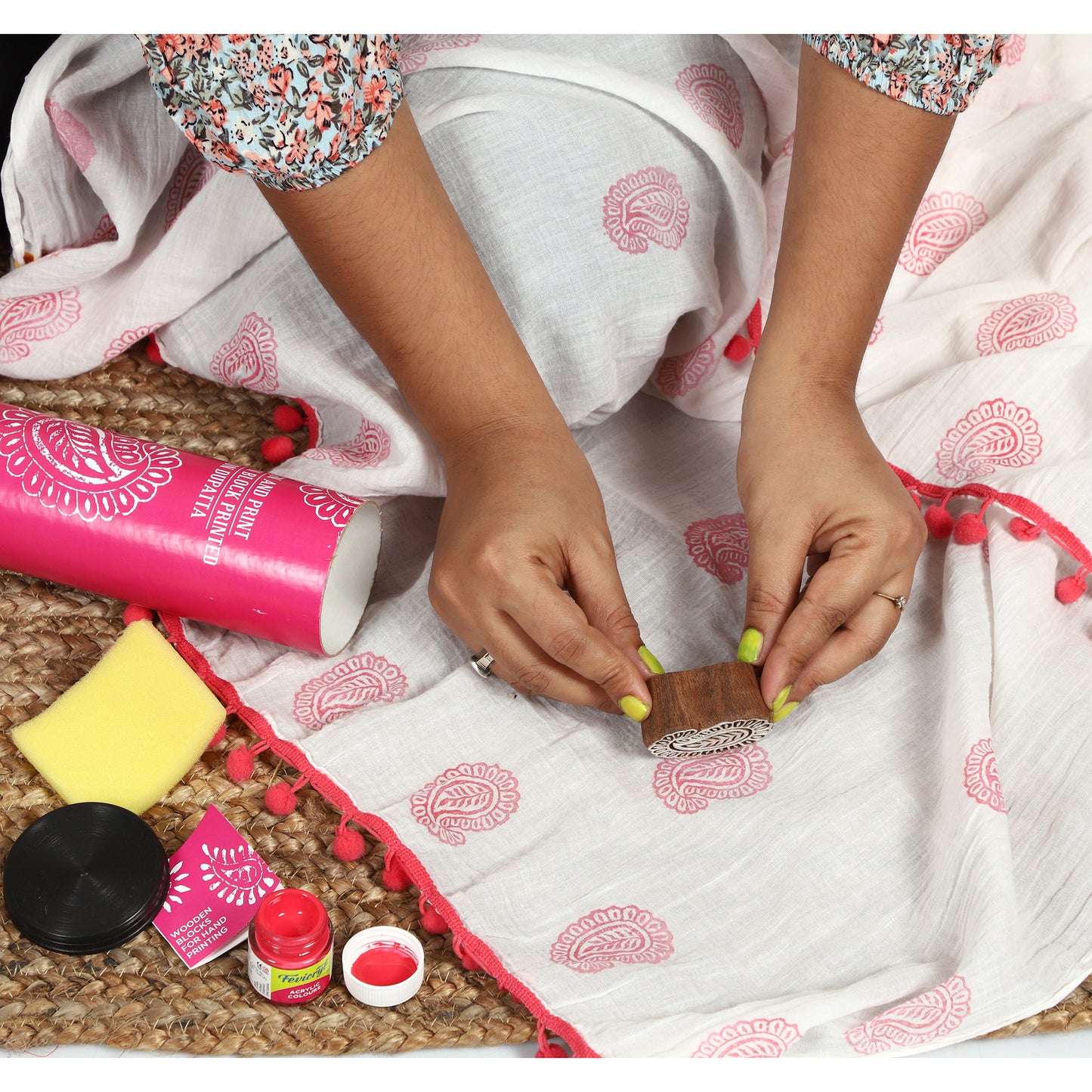DIY Block print your own Dupatta kit Pink paisley