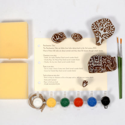 DIY Wooden Block Printing Craft kit Print your own Panchtantra Story book Haathi aur Chooha Raja