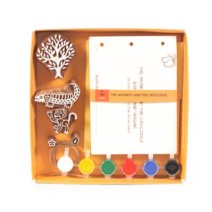 DIY Wooden Block Printing Craft kit Print your own Panchtantra Story book Magar & Bandar