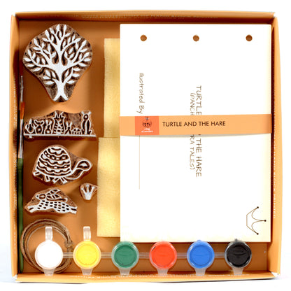 DIY Wooden Block Printing Craft kit Print your own Panchtantra Story book Turtle & hare