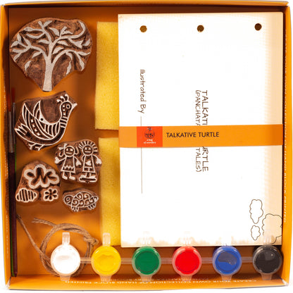 DIY Wooden Block Printing Craft kit Print your own Panchtantra Story book Talktive Turtle