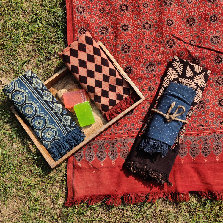 Red - Block Print Cotton Ajrakh Handloom Towel