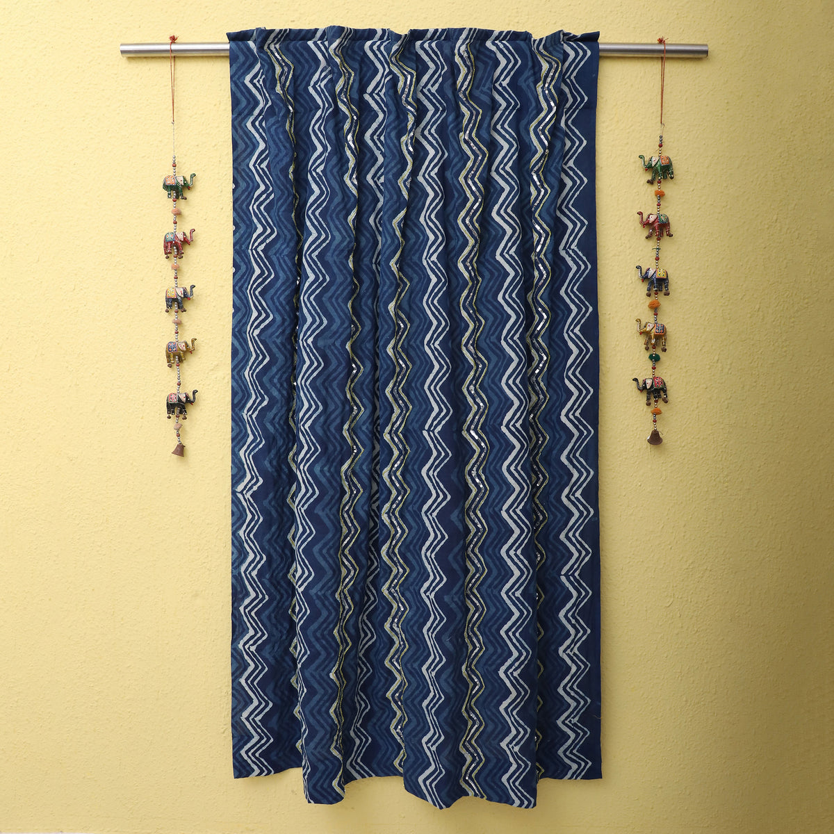 Zigzag - Dabu Hand Block Printed  Cotton Curtain with Beadwork