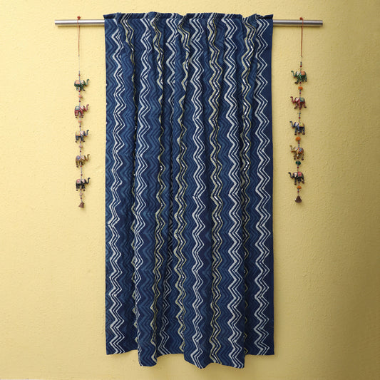 Blue - Zigzag - Dabu Hand Block Printed  Cotton Curtain with Beadwork