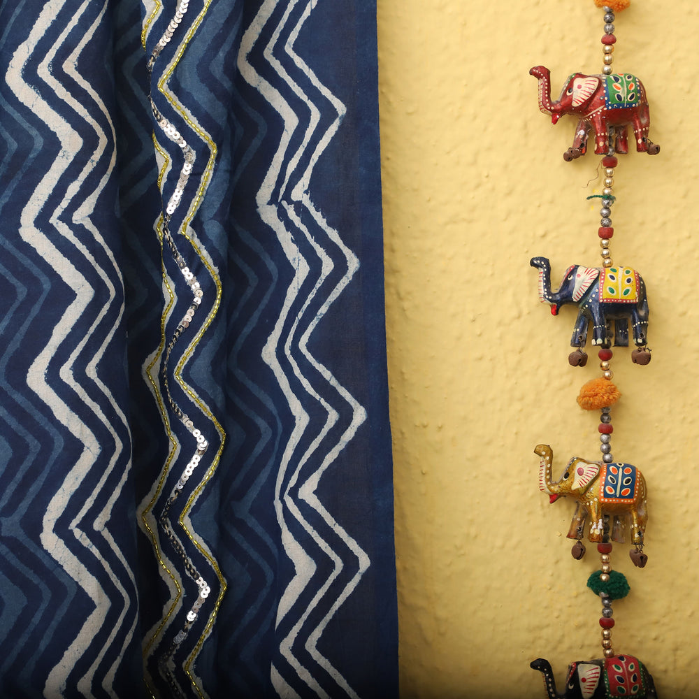 Blue - Zigzag - Dabu Hand Block Printed  Cotton Curtain with Beadwork