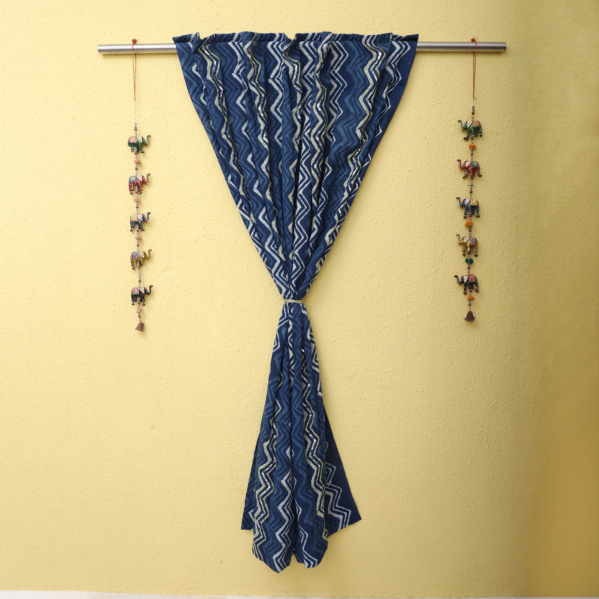 Zigzag - Dabu Hand Block Printed  Cotton Curtain with Beadwork