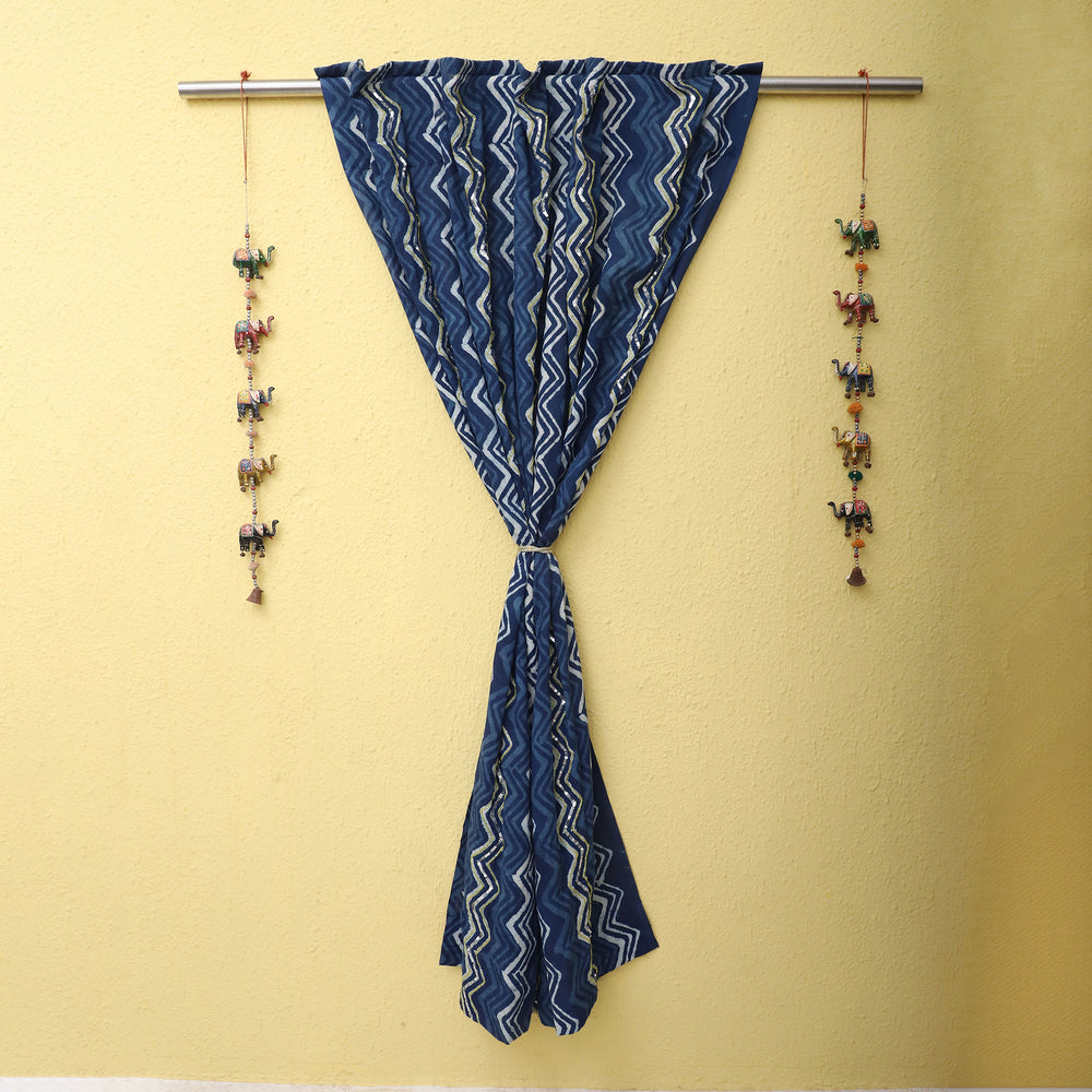 Blue - Zigzag - Dabu Hand Block Printed  Cotton Curtain with Beadwork