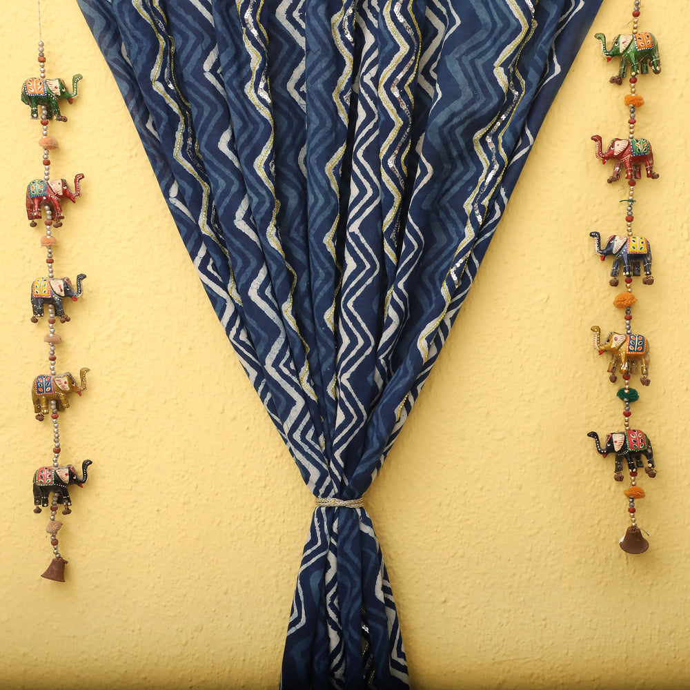 Blue - Zigzag - Dabu Hand Block Printed  Cotton Curtain with Beadwork