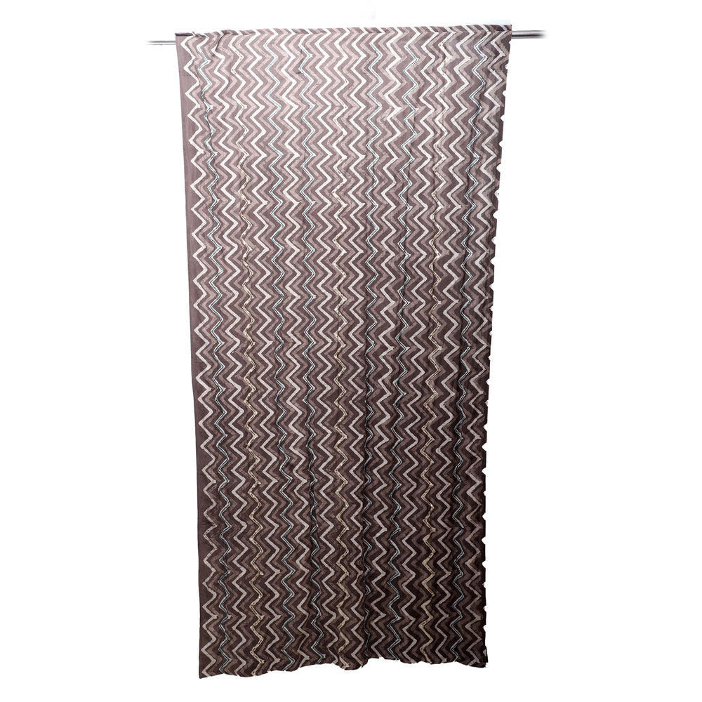 Brown - Zigzag - Dabu Hand Block Printed  Cotton Curtain with Beadwork