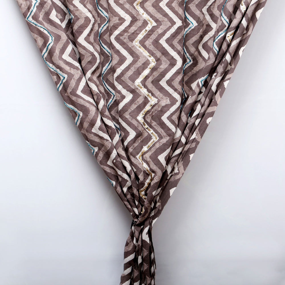 Brown - Zigzag - Dabu Hand Block Printed  Cotton Curtain with Beadwork